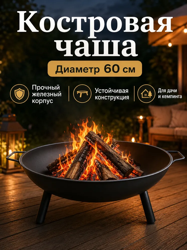 Костровая чаша 60х60х12 см чугунная, толщина 4 мм., 60x60x12 см