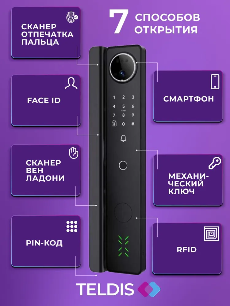 Умный замок Teldis A200 ProMax, чёрный, c Wi-Fi, распознаванием по лицу, сканером отпечатка пальца и вен ладони, черный, фото 3