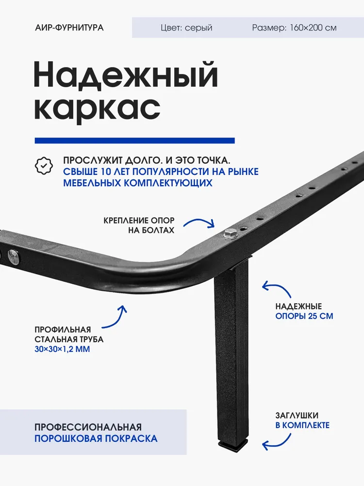 Основание для кровати 160х200 ортопедическое усиленное (сталь 1,2 мм), со стальными ножками и ламелями, АИР-ФУРНИТУРА, 160x200, фото 2