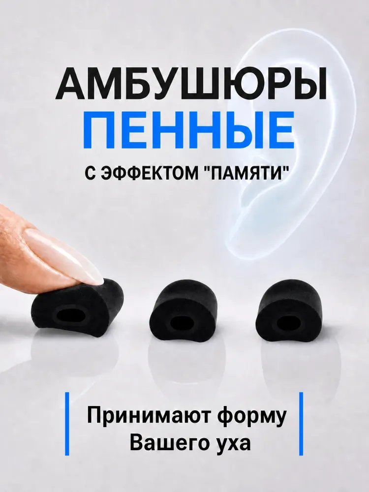 Амбушюры для наушников пенные с эффектом памяти, 6 шт. /Размеры: S, M и L / Универсальные сменные насадки для наушников внутриканальные, черные, 6 шт, фото 2
