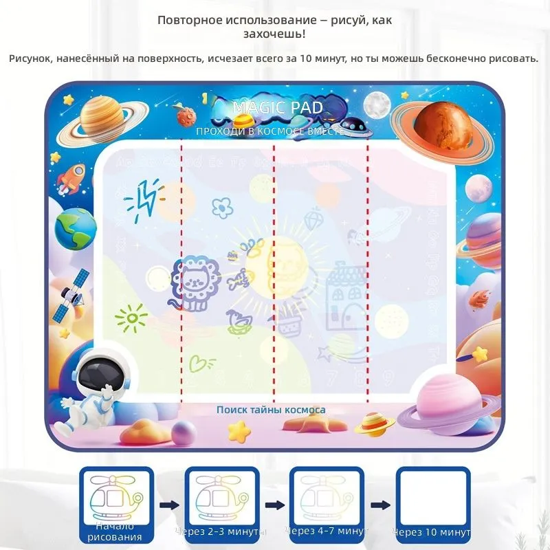 Водяной коврик для рисования 80x60 см с темой Космос и планеты : 2 кисти, 4 трафарета, книга для рисования, 80x60 см, фото 5