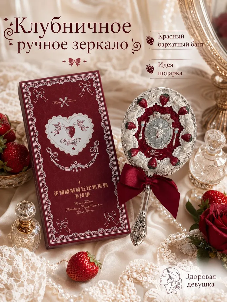 Зеркало гримерное "Клубника Амур", 9 см х 15 см, 1 шт, 1 шт