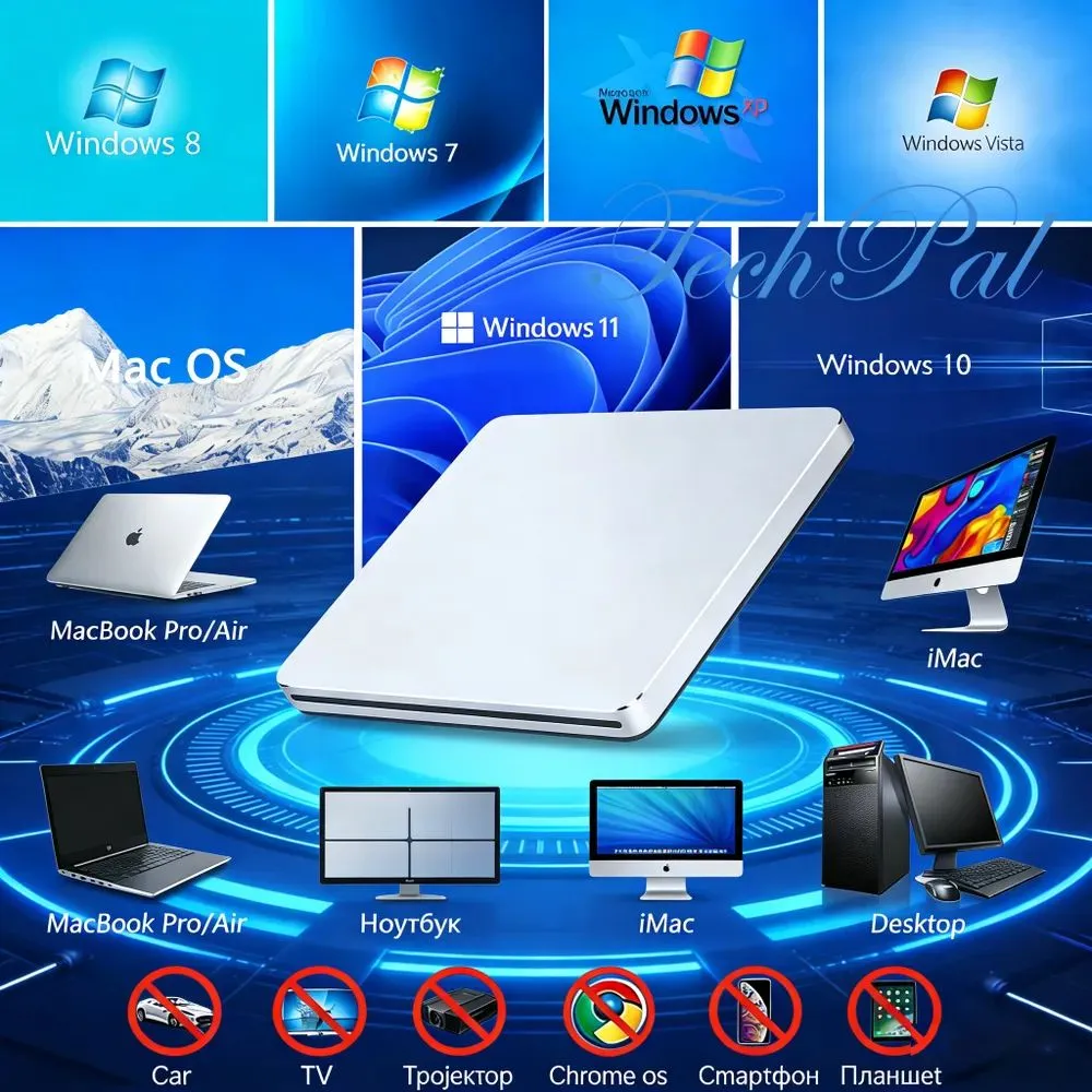 Внешний привод CD/DVD, USB3.0 и Type-C для ноутбуков, портативный оптический привод DVD+/-Rw с адаптером USB C (серебристый), серебристый, фото 5