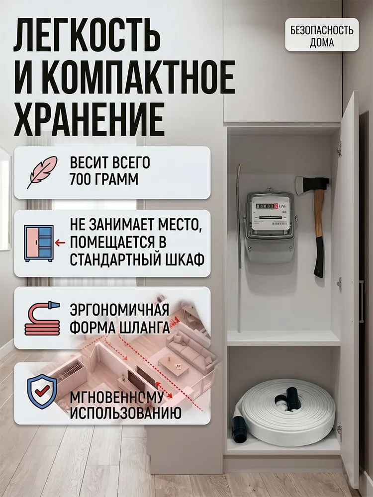 Устройство внутриквартирного пожаротушения УВПС-19, рукав пожарный 14 метров, легкий 700 г, для квартиры и дома, 14 м, 700 г, фото 3