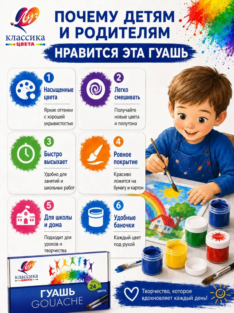 Гуашь для рисования Луч Классика 24 цвета, 24 цв., фото 6