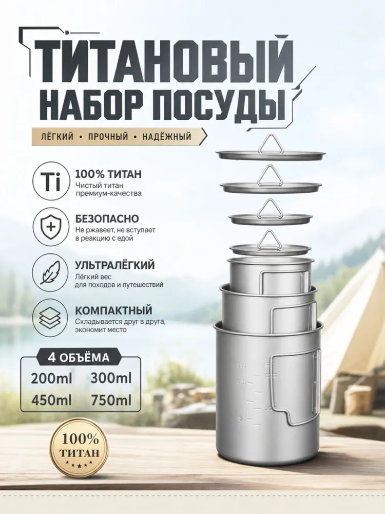 Складная титановая кружка ТА1 200-750 мл для кемпинга, 750 мл