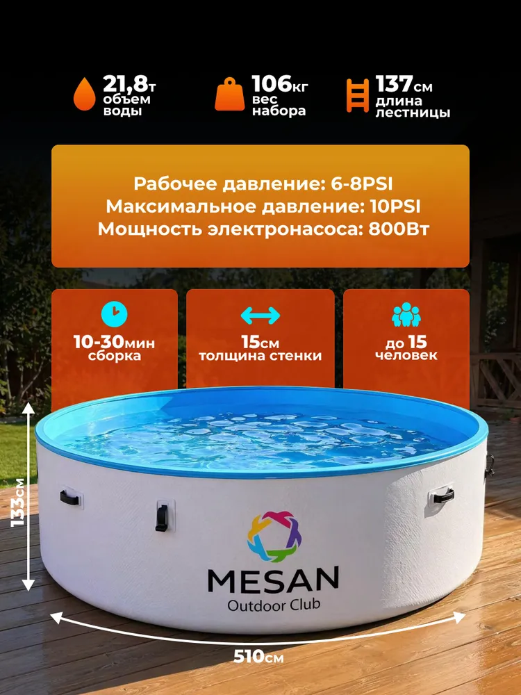 Бассейн надувной круглый с фильтром и лестницей, 510х133, до 15 человек, 510x133, фото 2
