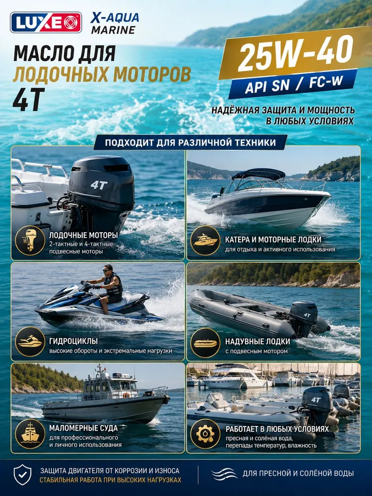 luxe X-AQUA MARINE, 4Т API SN, JASO MA-2, лодочное масло,  25W-40 Масло моторное, Синтетическое, 1 л, 1 л, фото 2