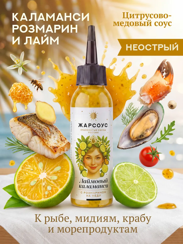 Соус Жар-соус Лаймовый каламанси с розмарином на меду, цитрусовый соус к рыбе, мидиям и морепродуктам, вариант