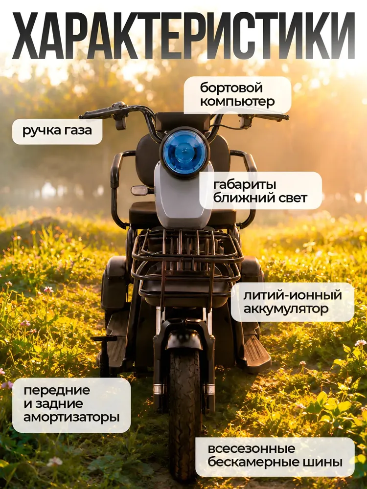 Устойчивый электрический трицикл с мотором 1200 ватт, скоростной, вариант, фото 3