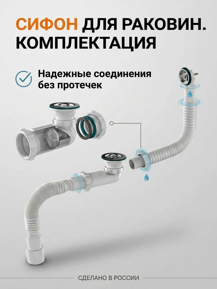 Компактный сифон с сухим затвором( обратным клапаном) с круглым переливом для раковин и кухонных моек , Аквант, вариант, фото 2