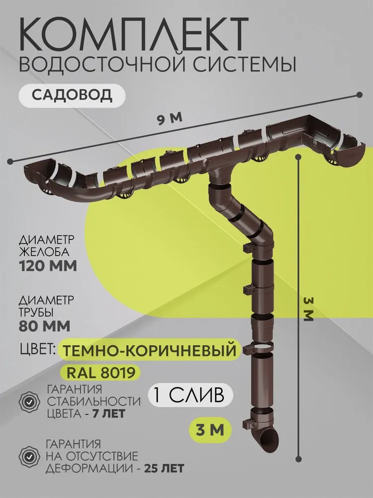 Водосток для крыши Садовод 9 м 120мм/80мм, КОРИЧНЕВЫЙ Комплект водосточной системы пластиковый ПВХ ( Темно-коричневый RAL 8019 ) (1 слив), ПВХ Кронштейн, 9 м
