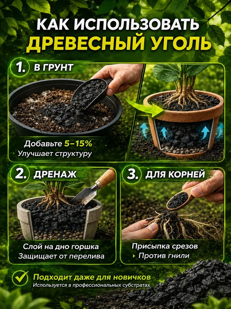 Древесный уголь для растений. Антисептический компонент для почвы и грунта 3-9 мм. 3Л, HURY, 3 л, фото 4