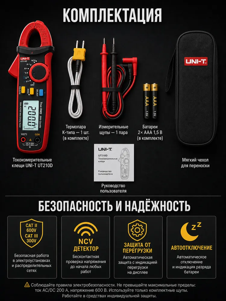 Токовые (токоизмерительные) клещи UNI-T UT210D Мультиметр цифровой измерительный инструмент тестер напряжения, вариант, фото 5