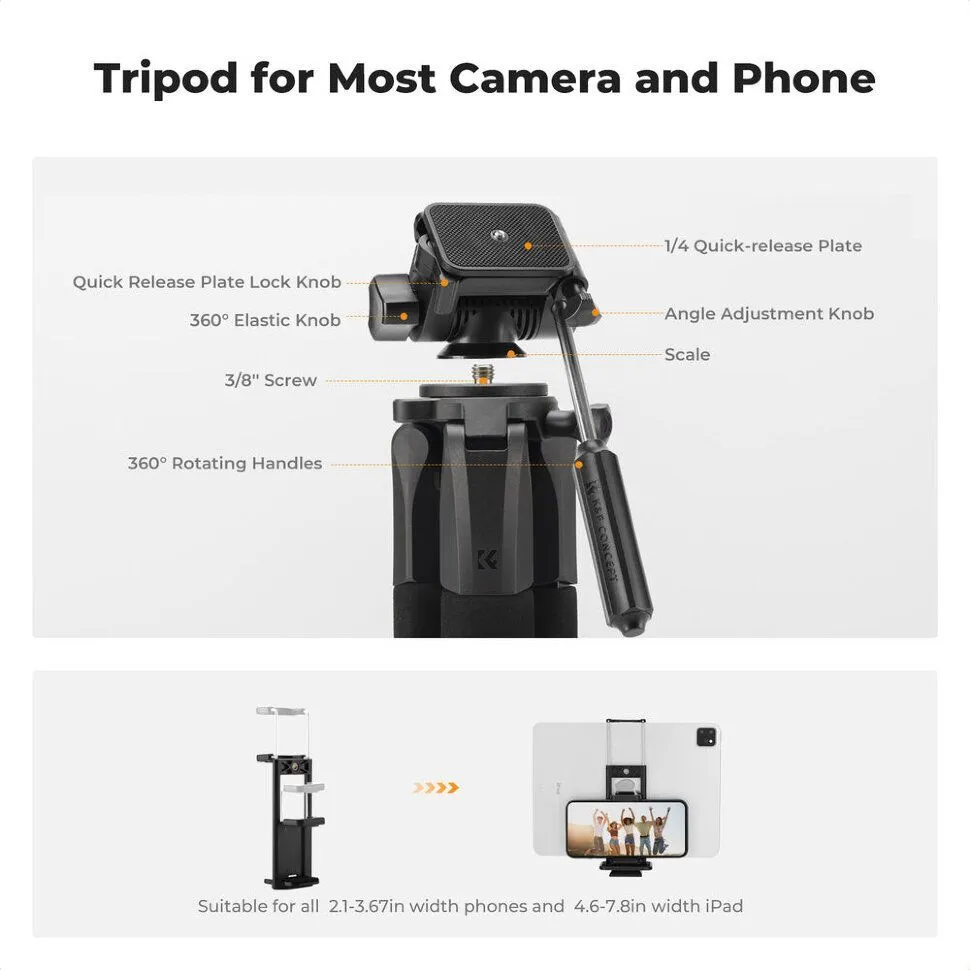 Штатив K&F Concept Smart-Pro S255A3 с головой BV01 для камеры,телефона,смартфона,фотоаппарата,напольный,трипод,монопод, вариант, фото 4
