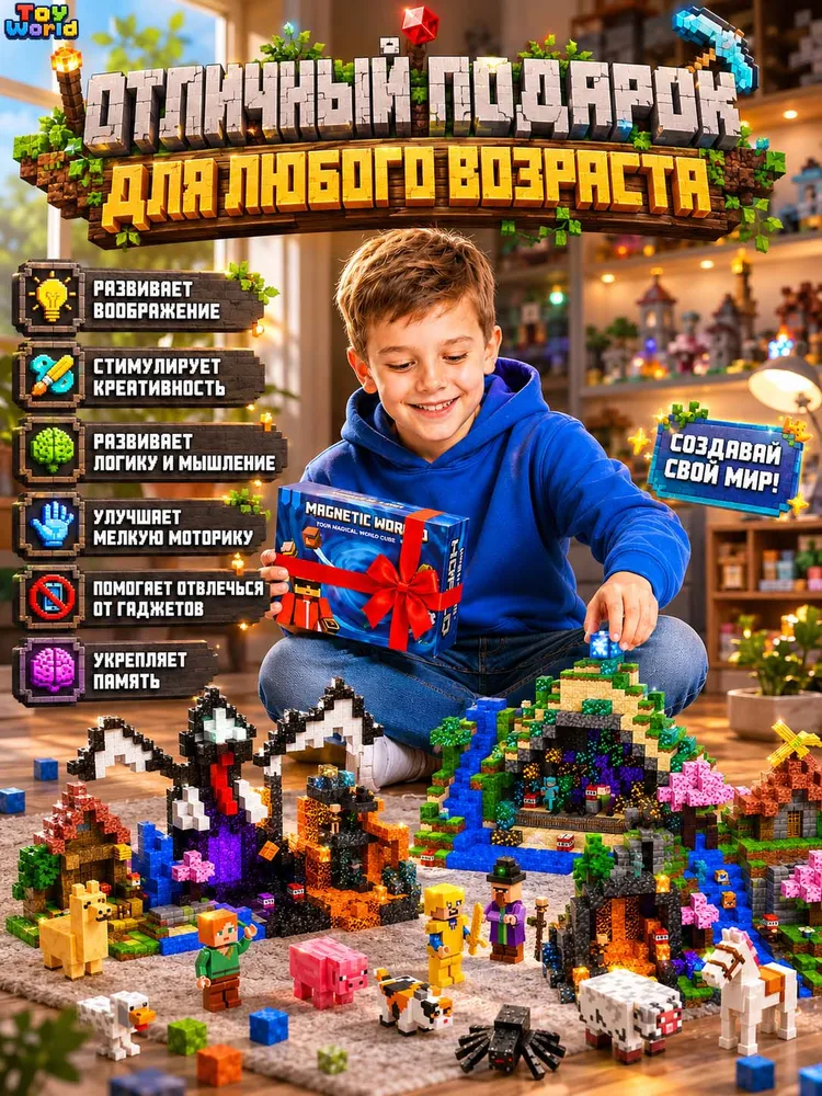 Mайнкрафт, Mагнитный конструктор, Minecraft, 100 блоков, 10 фигурок, DIY, для мальчиков, вариант, фото 3
