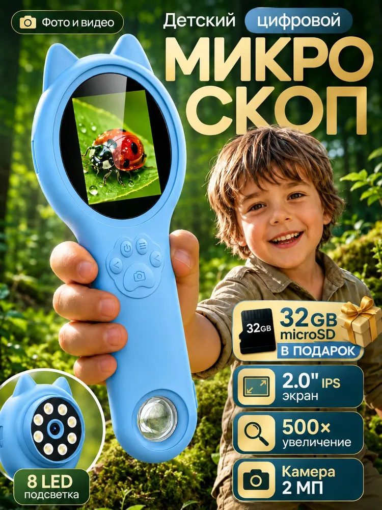 Портативный детский микроскоп с картой памяти объемом 32 ГБ, 32 ГБ
