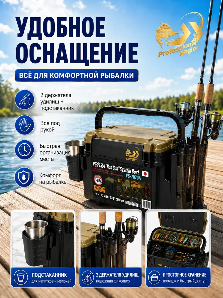Ящик для рыбалки многофункциональный для зимы и лета 7070AN, зеленый, органайзер Tackle Box для хранения снастей, комплект с 2 держателями удилищ и подстаканником, 434233280 мм, зеленый, фото 5