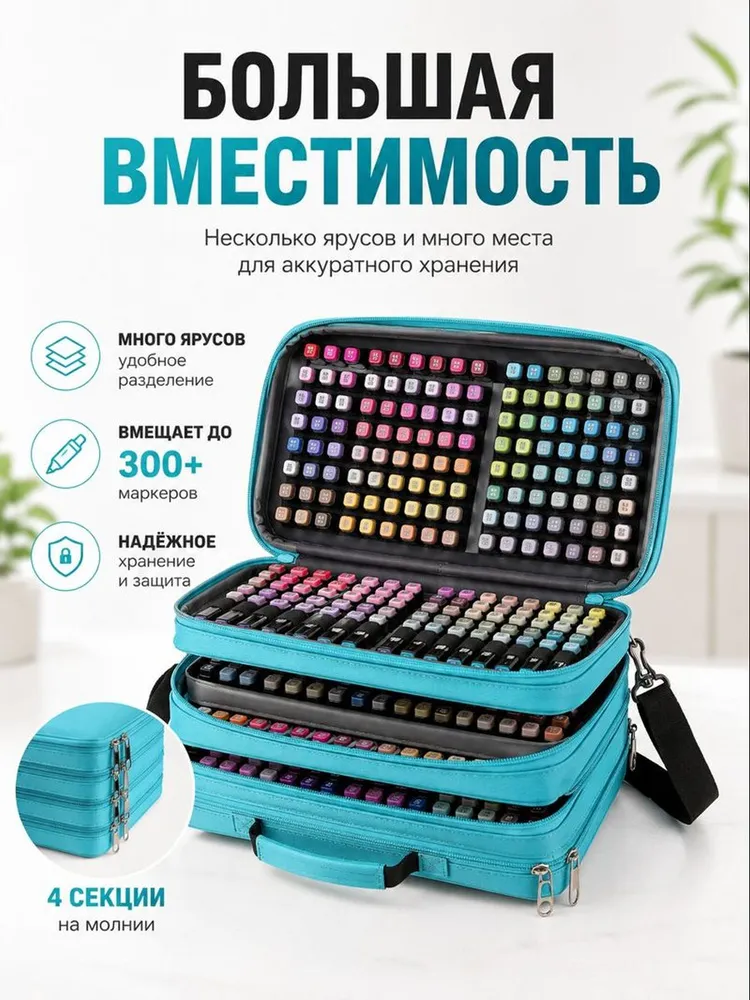 Профессиональный органайзер для маркеров 244вместимость 4 секции с ручкой и плечевым ремнём, вариант, фото 2