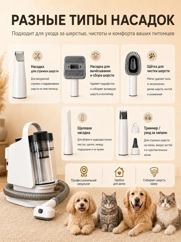 Профессиональный набор для ухода за шерстью животных 10 в 1 с пылесосом для кошек и собак, 320 Вт, 320 Вт, фото 5