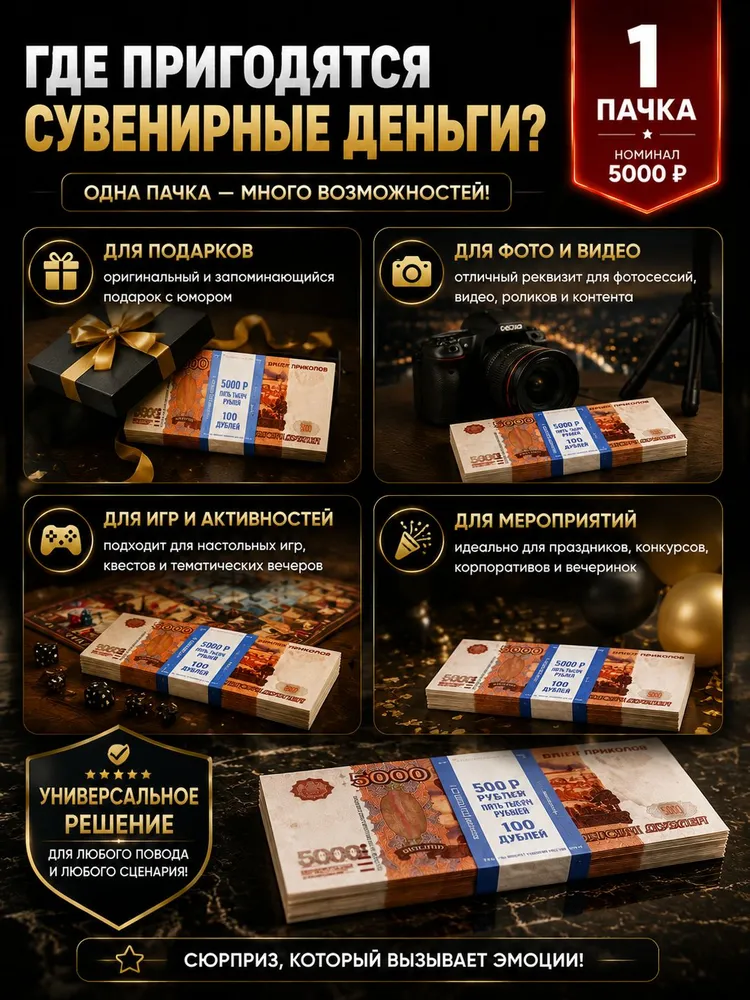 Сувенирные деньги 5000 рублей, игровые фальшивые купюры для конкурсов и праздников, 1 пачка, вариант, фото 6