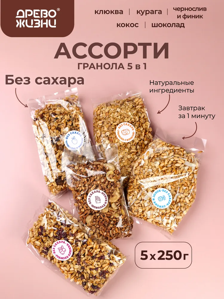 Гранола без сахара, мюсли, АССОРТИ 5 вкусов, Кокосовая, Шоколадная, с Клюквой, с Черносливом, Древо жизни,1250г, 1,25 кг