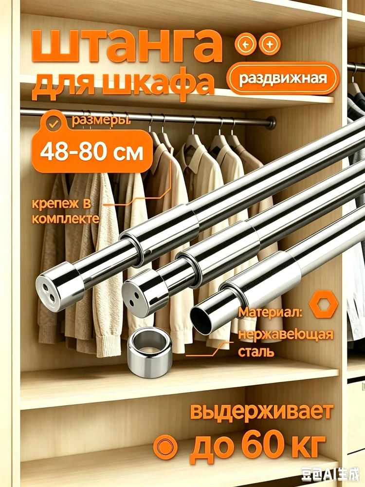 Штанга для шкафа, одежды 48-80 см раздвижная телескопическая, вариант