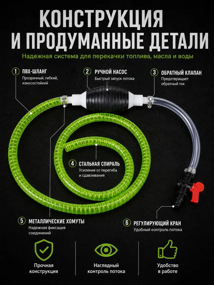 Шланг для перекачки топлива 2 м с грушей, сифонный шланг для бензина и дизеля с обратным клапаном, 2 м, фото 5