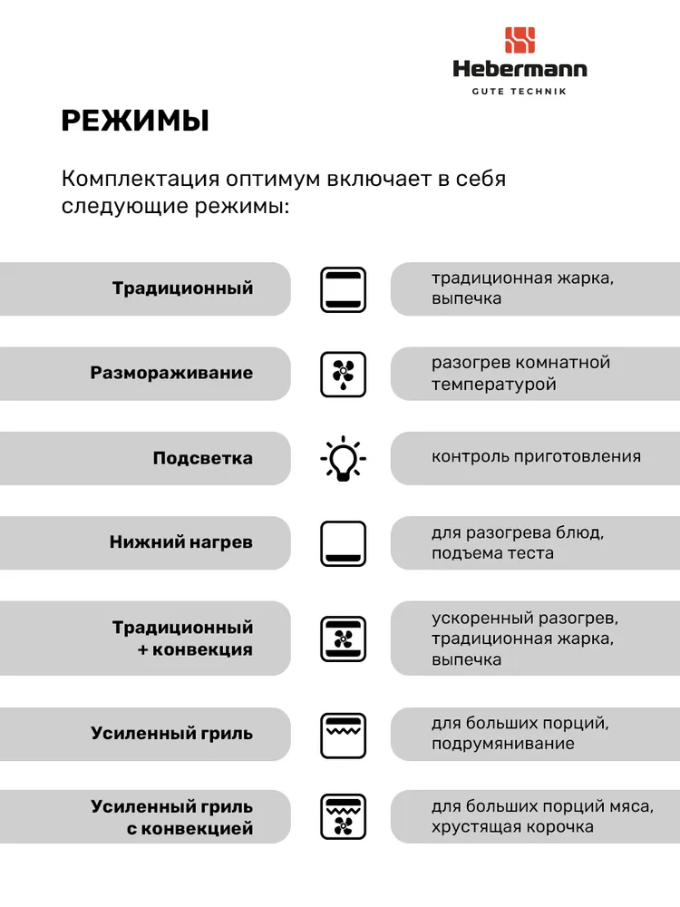Духовой шкаф электрический встраиваемый Hebermann HBBO 6007.3 B, черный, усиленный гриль + конвекция, размораживание, объем духовки 60 л, двойное стекло у дверцы, 7 режимов работы., 60 л, фото 4