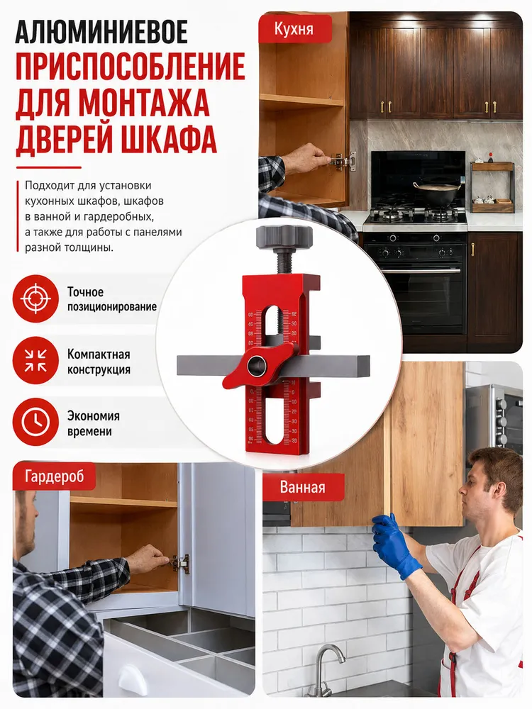 Шаблон для установки петель на шкаф 2-в-1, вспомогательный инструмент для позиционирования дверц, комплект с 3 сверлами (6/8/10 мм) + 2 клипсы для петель + карандаш, для мебельных фасадов, вариант, фото 5