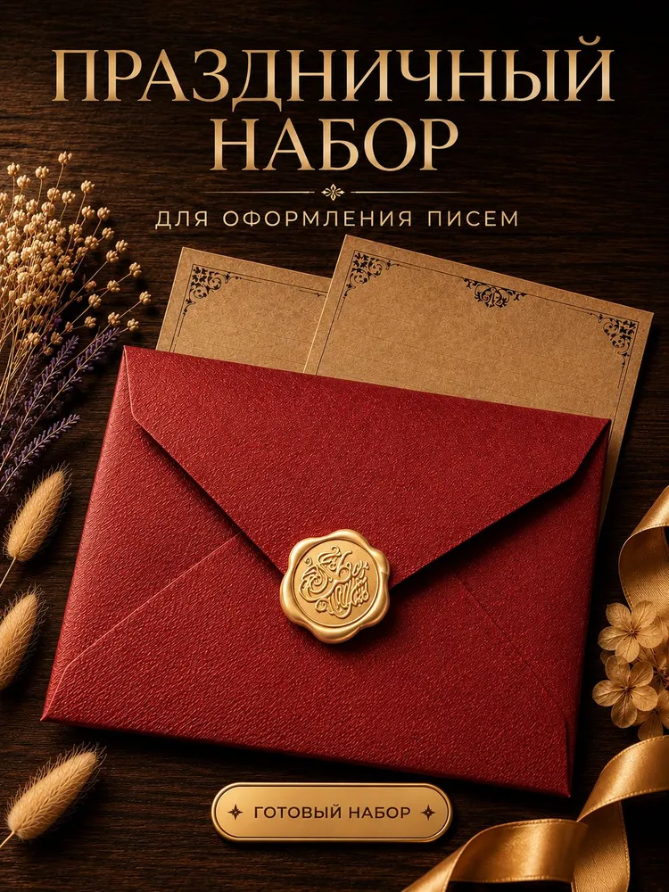 Конверт подарочный для пожеланий, денег и поздравлений с печатью и бумагой для письма бордовый, вариант