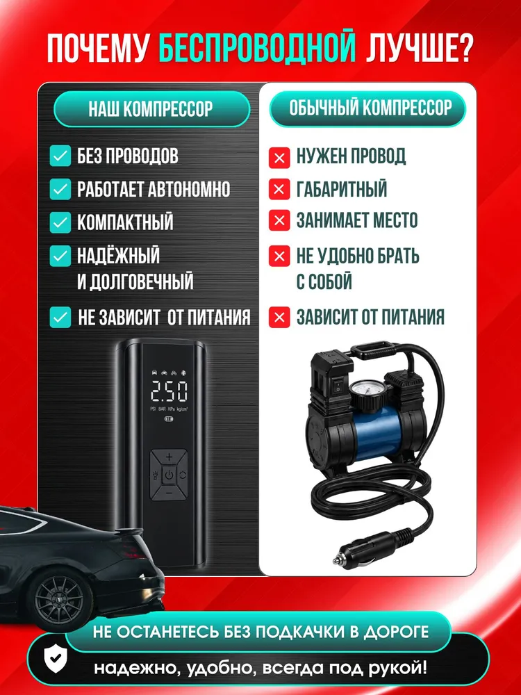 Компрессор автомобильный беспроводной, мощный автоматический насос со встроенным аккумулятором, вариант, фото 4