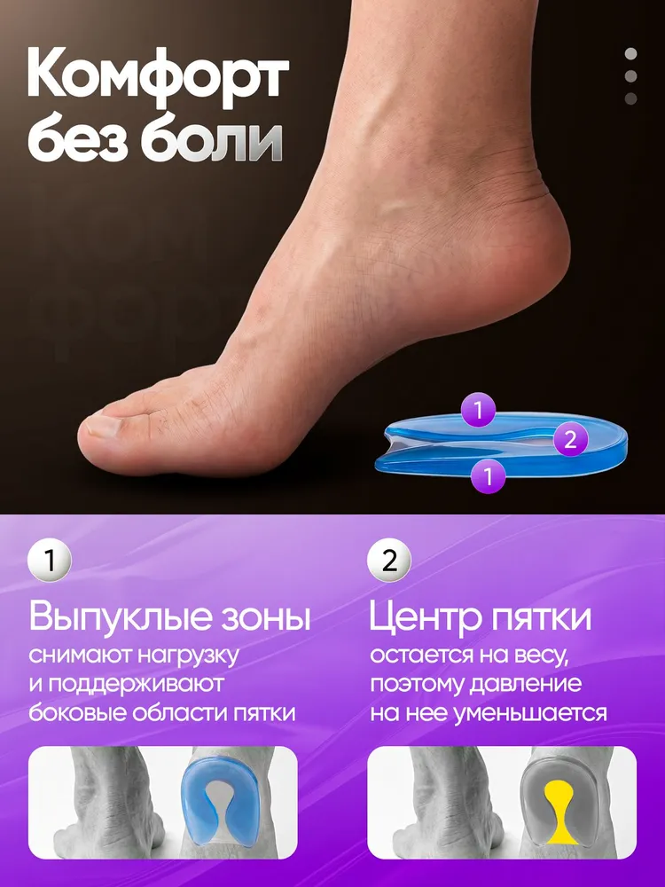 Подпяточники для обуви ортопедические силиконовые при пяточной шпоре, гелевые вкладыши в туфли под пятку, полустельки под стопу / S - 35-40 / 2шт, 35-40, 2 шт, фото 4