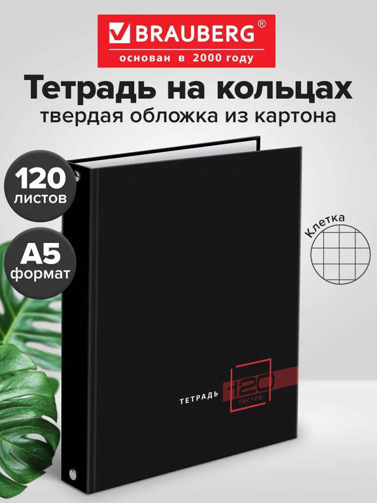 Тетрадь на кольцах А5 в клетку со сменным блоком 175х215 мм, 120 листов, обложка твердый картон, Brauberg Dark, 175x215 мм