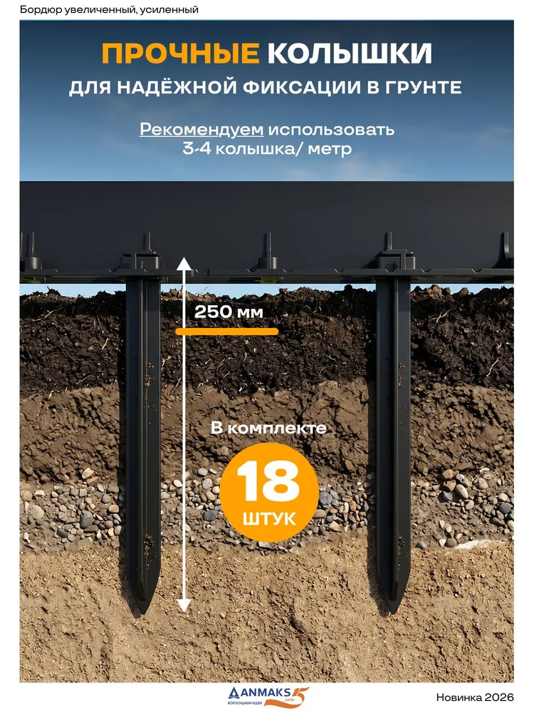 7280-К-6-18 Бордюр садовый пластиковый КОНТУР Б-100.08.08 черный L-1000 мм, H-80 мм, (УПАКОВКА 6 шт. плюс 18 якорей), 6 шт, фото 4