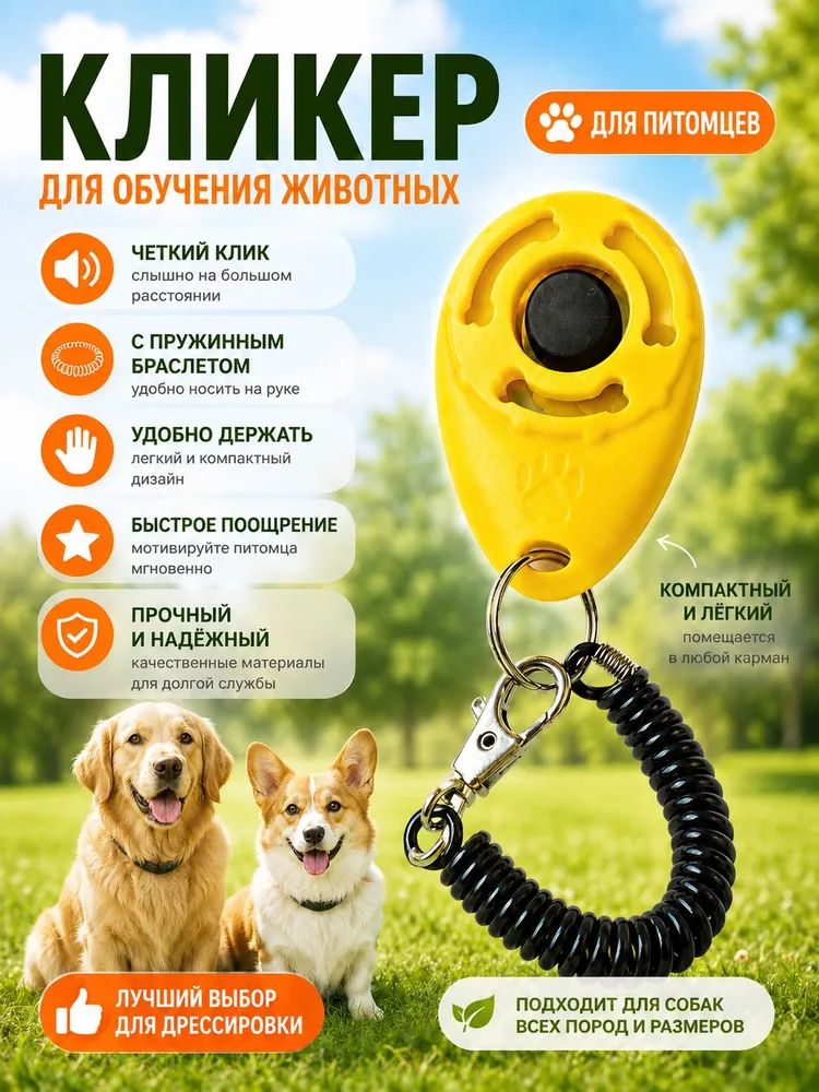 Кликер для дрессировки собак и кошек с браслетом и карабином, желтый, желтый