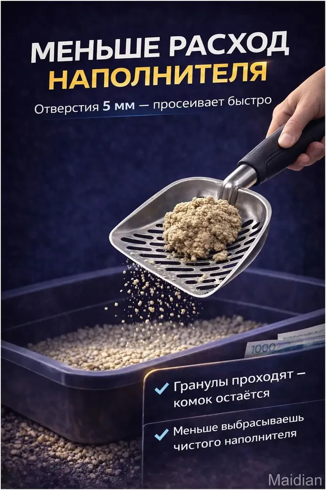 Качественный ковш из металла для лотка кота с ситом, используемый для отделения наполнителя при уборке, предлагается в эксклюзивном увеличенном размере., вариант, фото 3