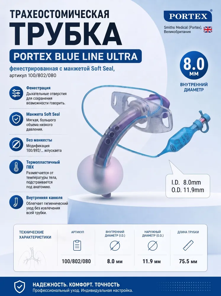 Трахеостомическая трубка Blue Line Ultra 8 мм, с манжетой "Софт Сеал", фенестрированная, синий