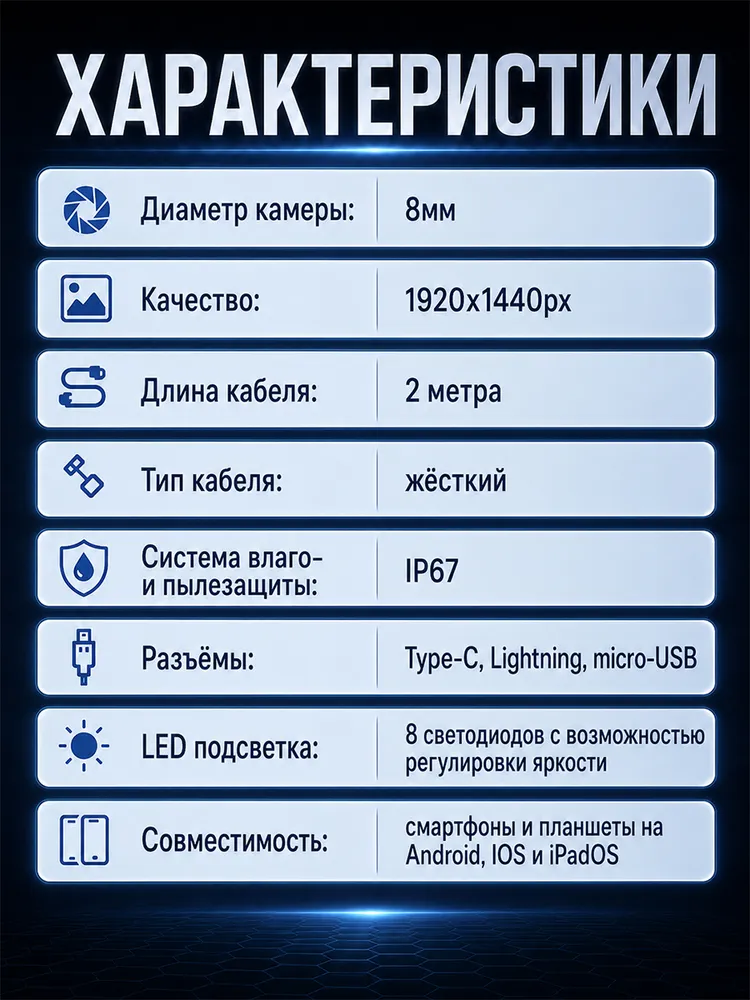 Эндоскоп автомобильный видеоэндоскоп для iPhone и Android смартфона (универсальный) (2 Мп: 1920x1440) (жёсткий провод), 1920x1440, фото 2