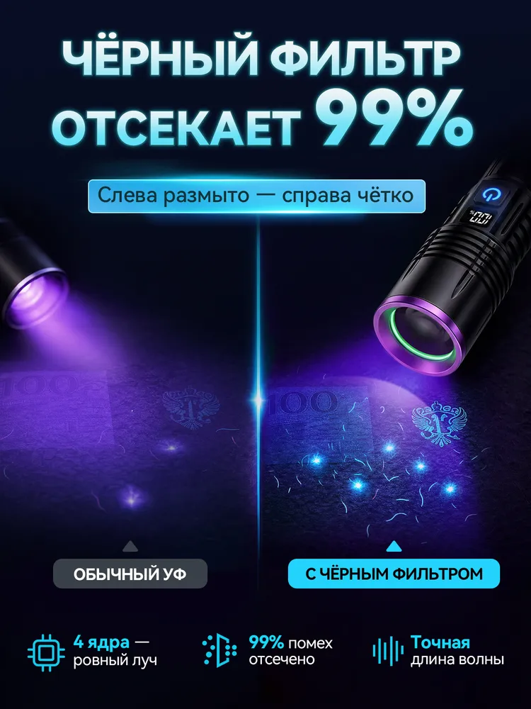 Ультрафиолетовый фонарик 365 нм 20 Вт аккумуляторный со стеклом Вуда LCD Type-C для утечки лишая минералов кемпинга, 20 Вт, фото 2