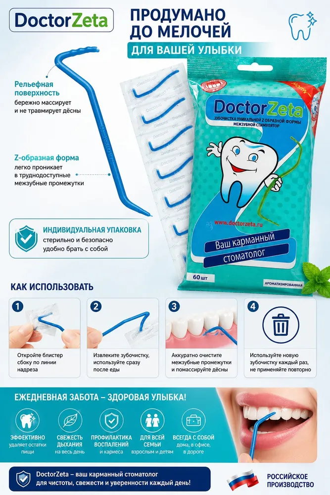 Межзубной стимулятор Doctor Zeta, зубочистки пластиковые (120 шт.), 120 шт, фото 5