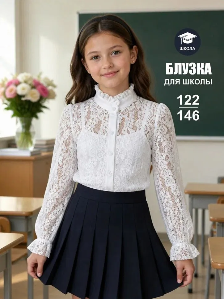 Блузка для девочки школьная белая кружевная, белый