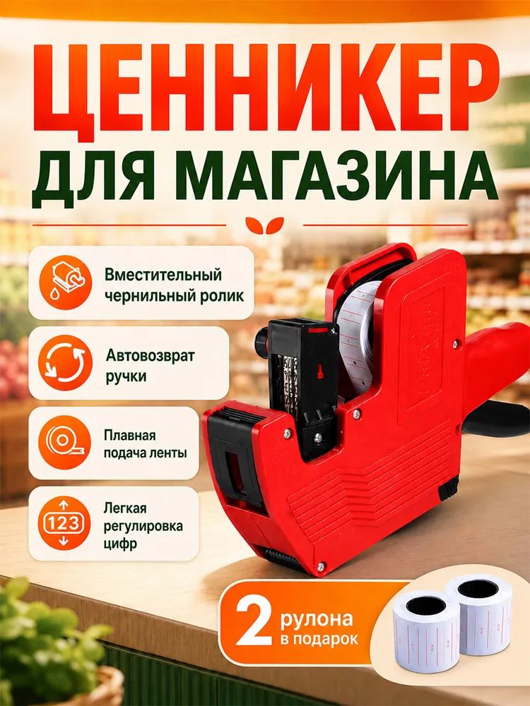 Этикет-пистолет, ценники и даты, маркировочный пистолет 8 символов, лента 21х12 мм, 21x12 мм