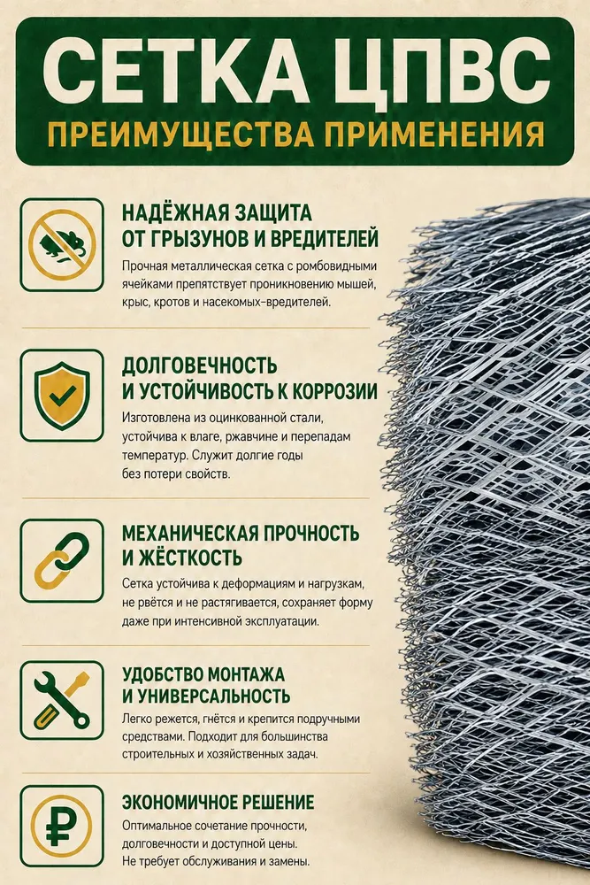 Сетка от грызунов ЦПВС 6х6 оцинкованная, в рулоне 1x15м. Толщина металла, 0,6мм. Используется для защиты жилых и подсобных помещений от крыс и мышей, для штукатурных работ., 6x6, фото 2