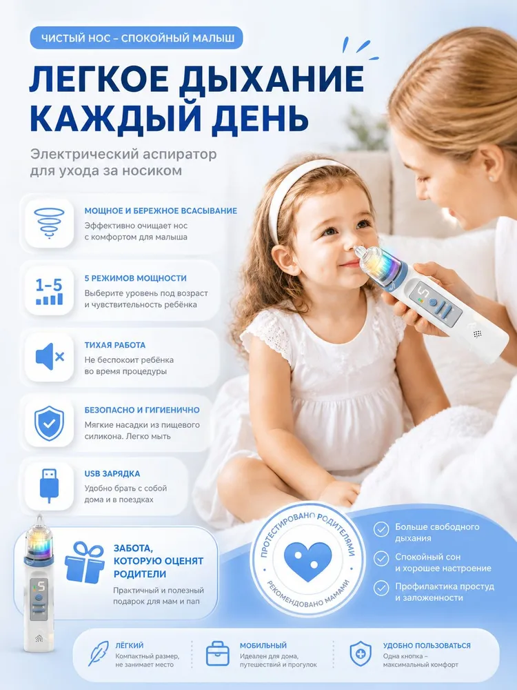 аспиратор назальный детский 0+, соплеотсос для новорожденных, с музыкой, влагостойкий, тихий, безопасный, вариант, фото 2