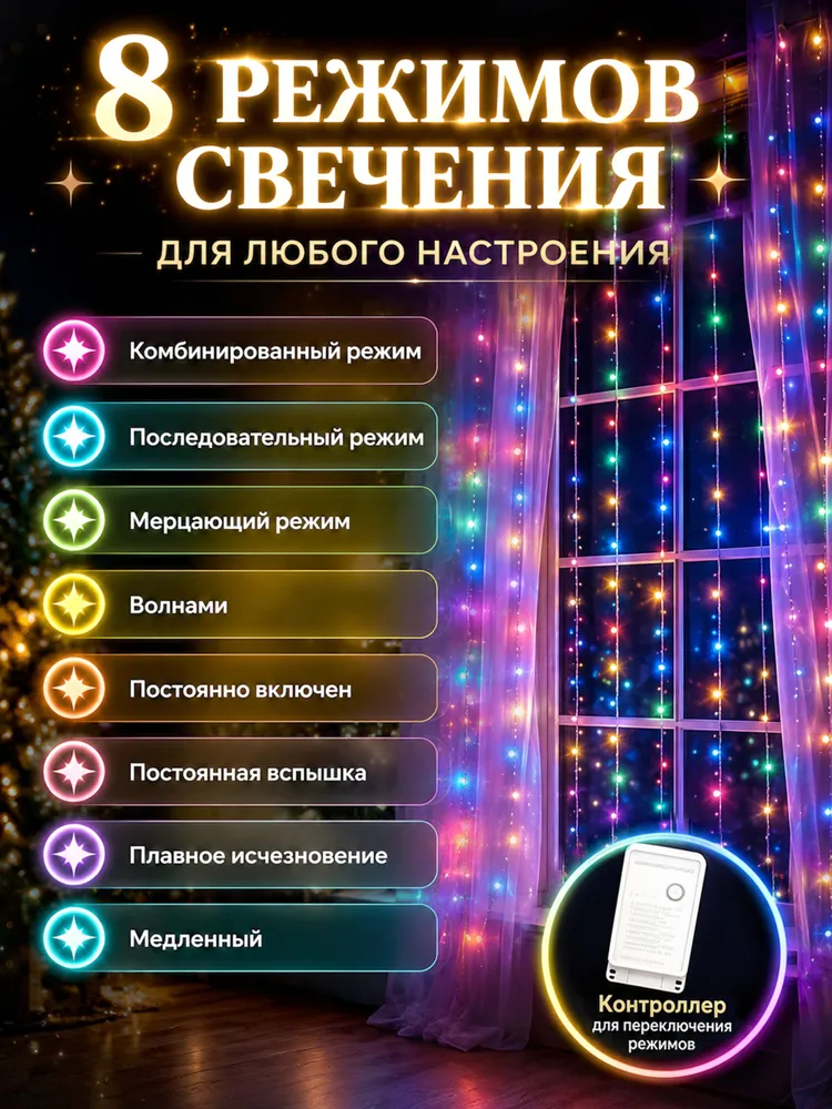 гирлянда штора 1,5x1,5, 72 ламп,Многоцветный,гирлянда на окно штора, 1 шт, 1.5x1.5, 1 шт, фото 4