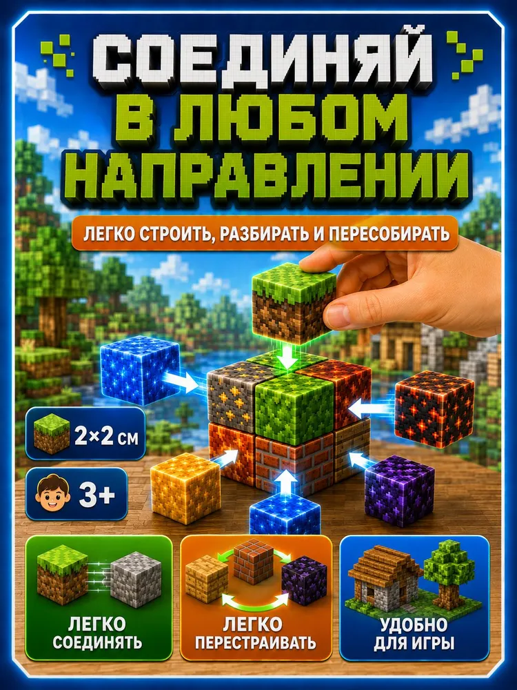 Магнитный конструктор Майнкрафт, 200 деталей (с LED подсветкой, магнитные кубики для детей, развивающий 3D набор Minecraft, подарок мальчику и девочке), вариант, фото 2