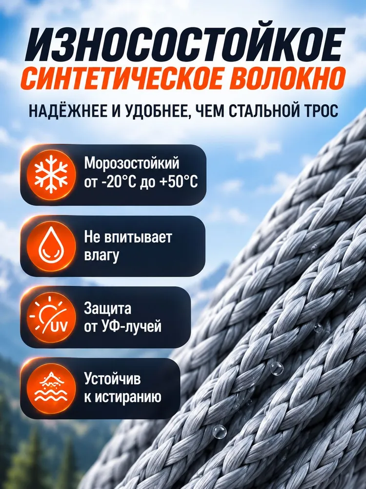 Синтетический трос для лебедки 15 м 6 мм,для лебедок до 4500 lbs, 15 м, фото 4