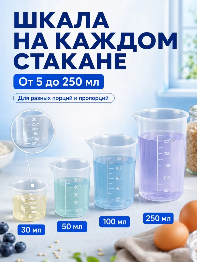 Мерный стакан с носиком 250 мл, 100 мл, 50 мл, 30 мл / Набор мерных емкостей, 4 шт., 250 мл, 100 мл, фото 6