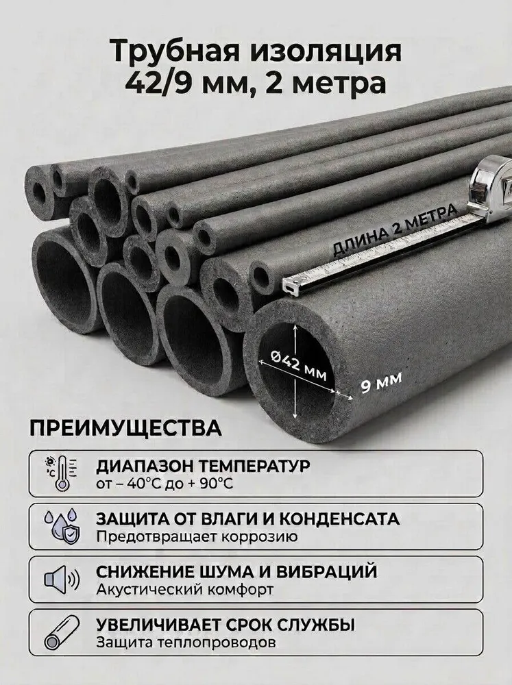 Утеплитель для труб 42/9 мм, длина 2 м, вспененный полиэтилен Теплоизоляция для труб Трубный утеплитель, 9 мм